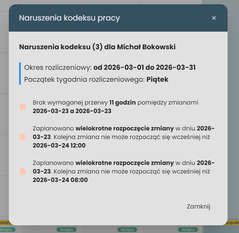 grafik oraz kodeks pracy w aplikacji Cheftly