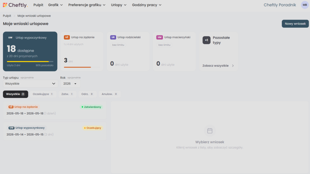 Moduł wniosków urlopowych w Cheftly