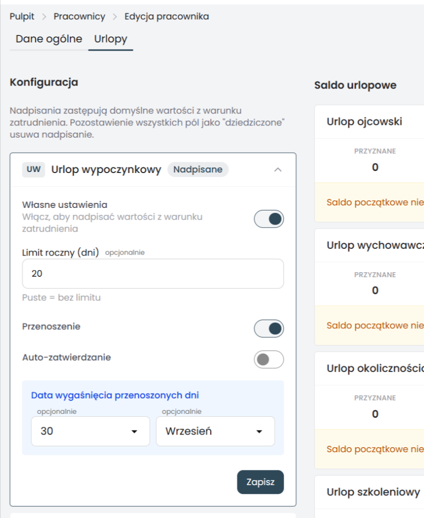Ustawienia urlopów